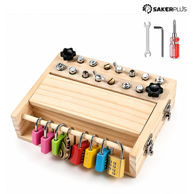 Tavola di attività in legno con cacciavite, lucchetti e chiavi Falivelli