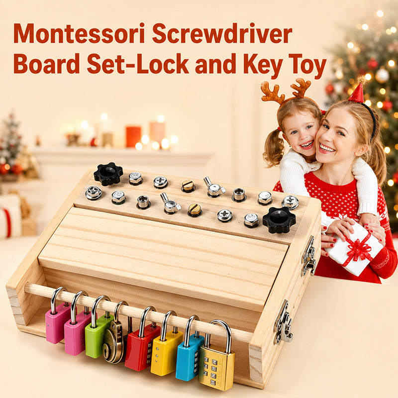 Tavola di attività in legno con cacciavite, lucchetti e chiavi Falivelli