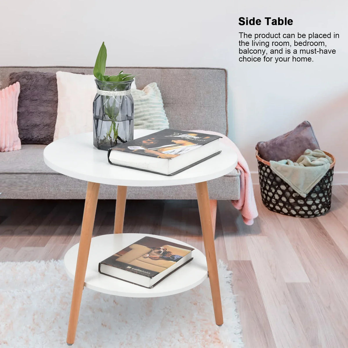 Tavolino bianco a 2 ripiani con vano portaoggetti per soggiorno