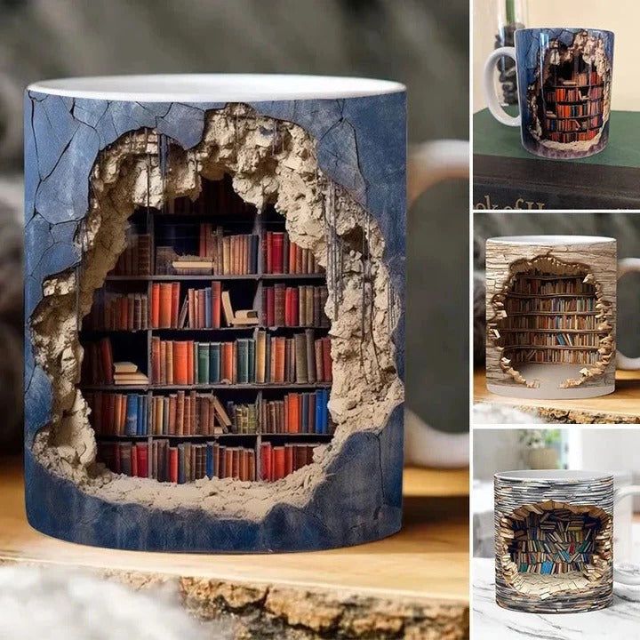 Tazza in ceramica con design libreria 3D