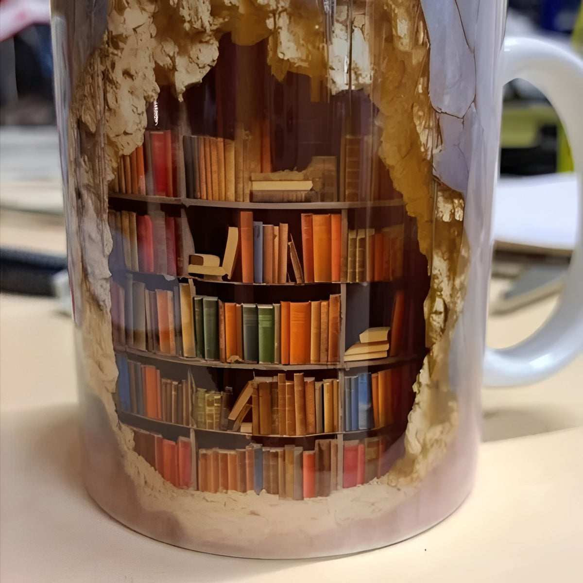 Tazza in ceramica con design libreria 3D