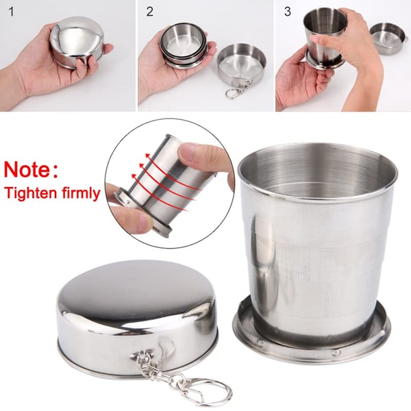 Tazza telescopica pieghevole in acciaio inox con moschettone