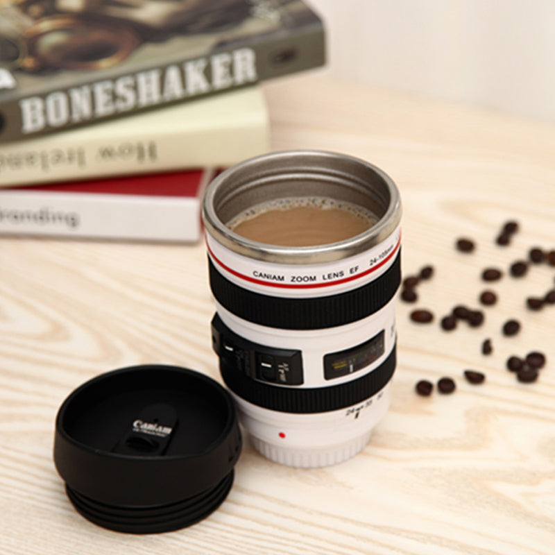 Tazza termica a forma di obiettivo fotografico