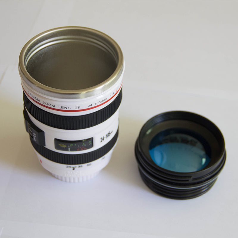 Tazza termica a forma di obiettivo fotografico