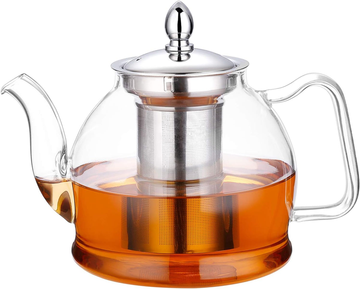 Teiera in vetro con infusore rimovibile | 1000 ml vetro borosilicato, beccuccio antigoccia | per tè in foglie e tè fiori