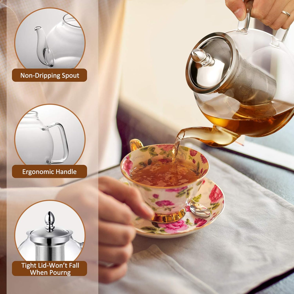 Teiera in vetro con infusore rimovibile | 1000 ml vetro borosilicato, beccuccio antigoccia | per tè in foglie e tè fiori