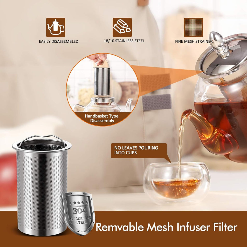 Teiera in vetro con infusore rimovibile | 1000 ml vetro borosilicato, beccuccio antigoccia | per tè in foglie e tè fiori