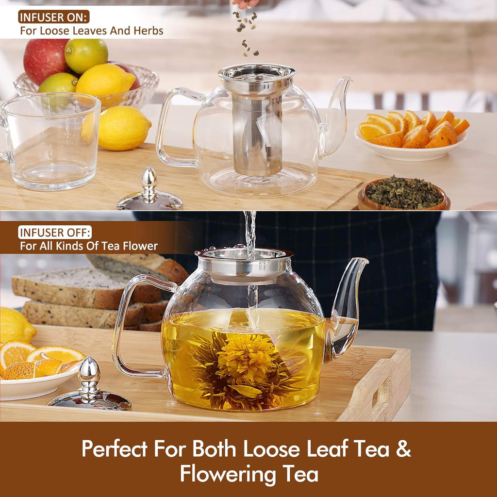 Teiera in vetro con infusore rimovibile | 1000 ml vetro borosilicato, beccuccio antigoccia | per tè in foglie e tè fiori