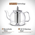 Teiera in vetro con infusore rimovibile | 1000 ml vetro borosilicato, beccuccio antigoccia | per tè in foglie e tè fiori