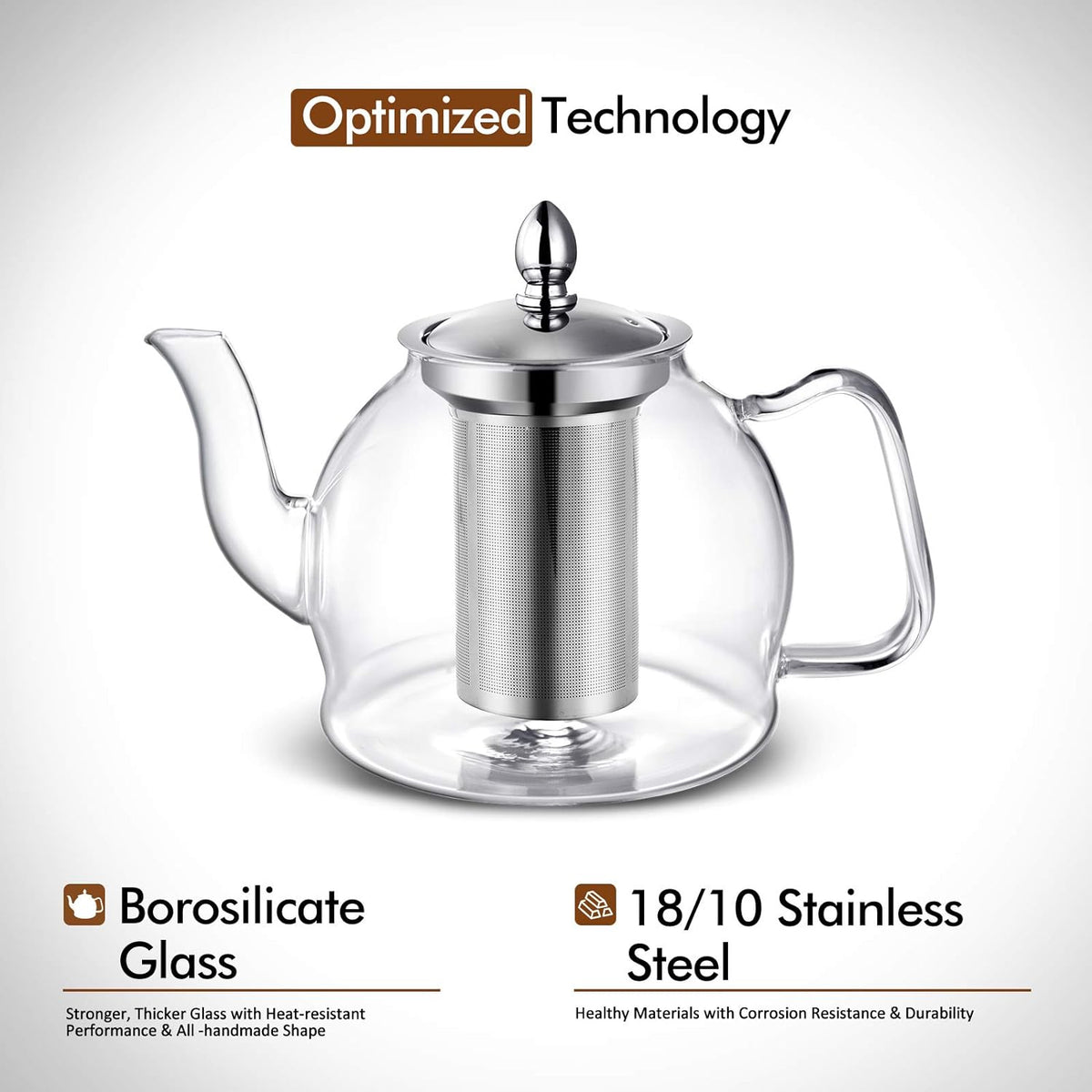 Teiera in vetro con infusore rimovibile | 1000 ml vetro borosilicato, beccuccio antigoccia | per tè in foglie e tè fiori