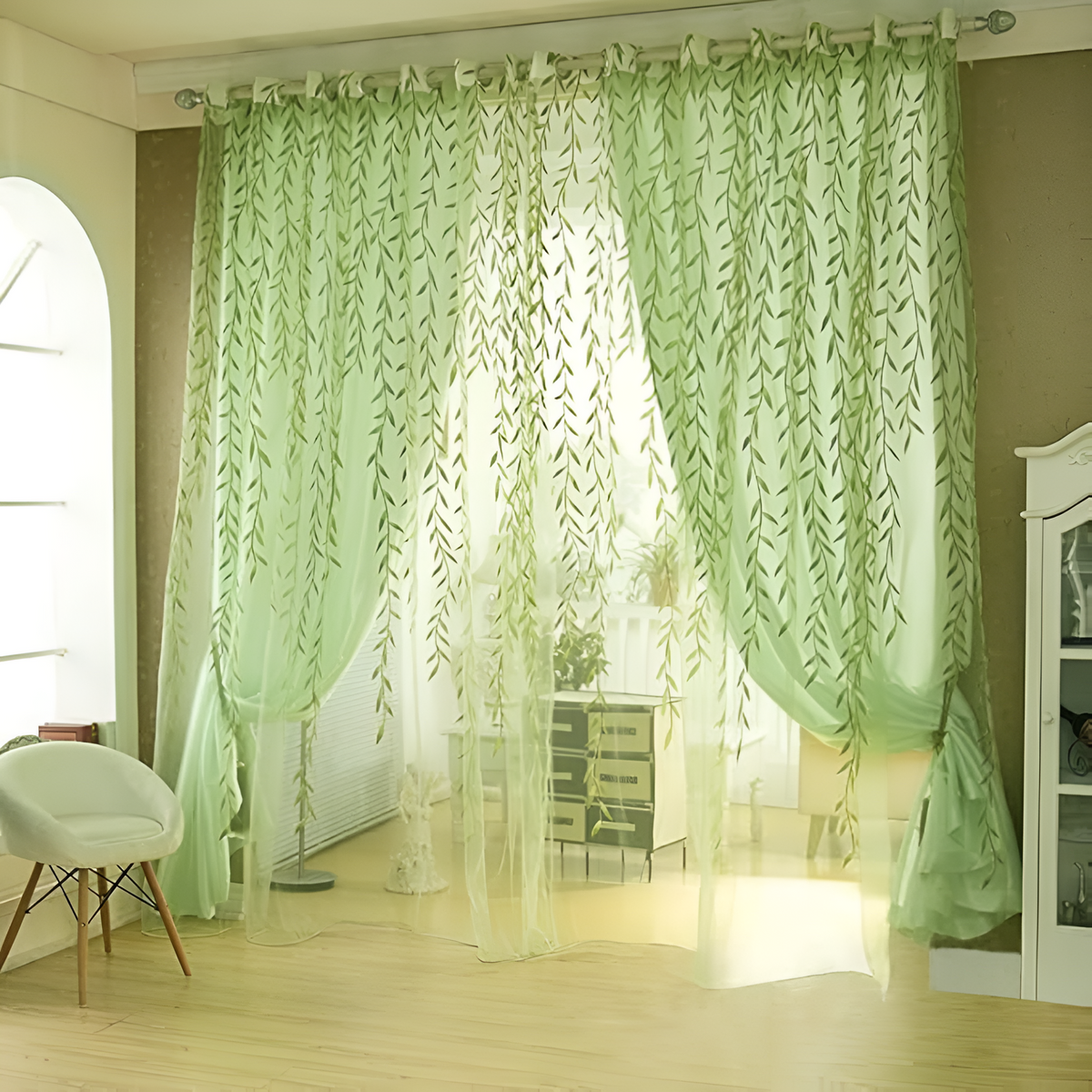 Tende a pannello in tulle con motivo foglie di salice