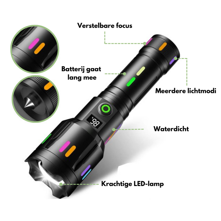 Torcia LED ricaricabile con indicatore di carica – Rompivetro integrato e USB-C