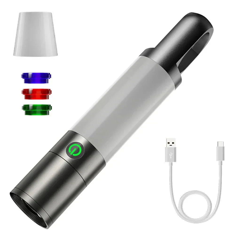 Torcia LED ricaricabile USB-C con filtri colorati per campeggio ed emergenze