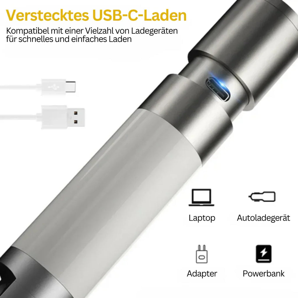 Torcia LED ricaricabile USB-C con filtri colorati per campeggio ed emergenze