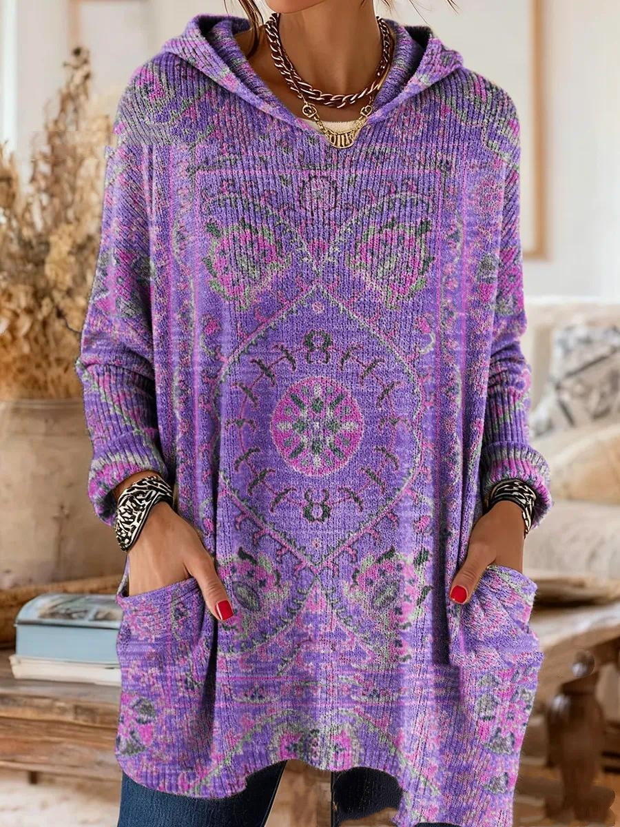 Tunica con cappuccio e stampa bohémien, vestibilità rilassata e maniche lunghe
