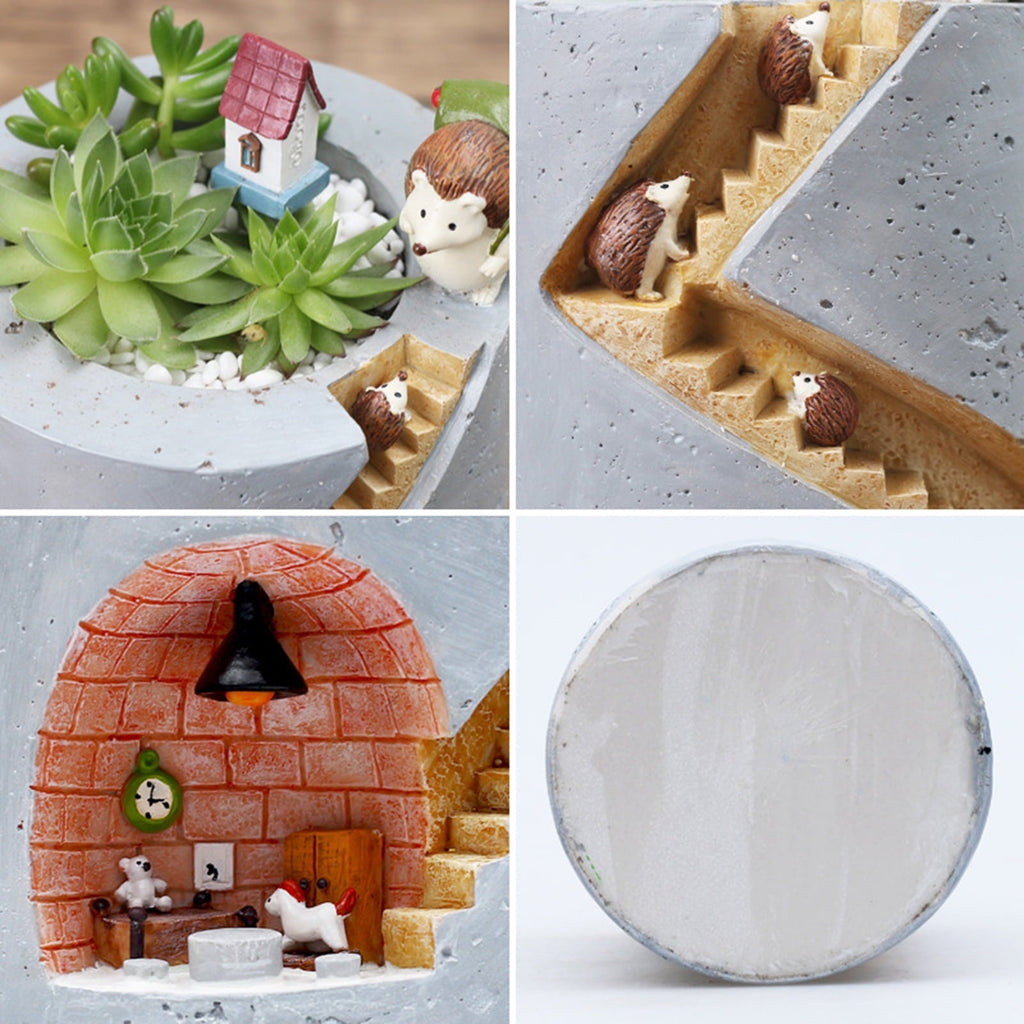 Vaso decorativo con riccio e coniglio in miniatura – Struttura a scaletta per piante