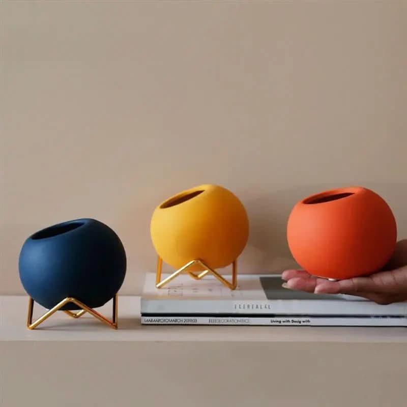 Vaso in ceramica con supporto in metallo – colori vivaci