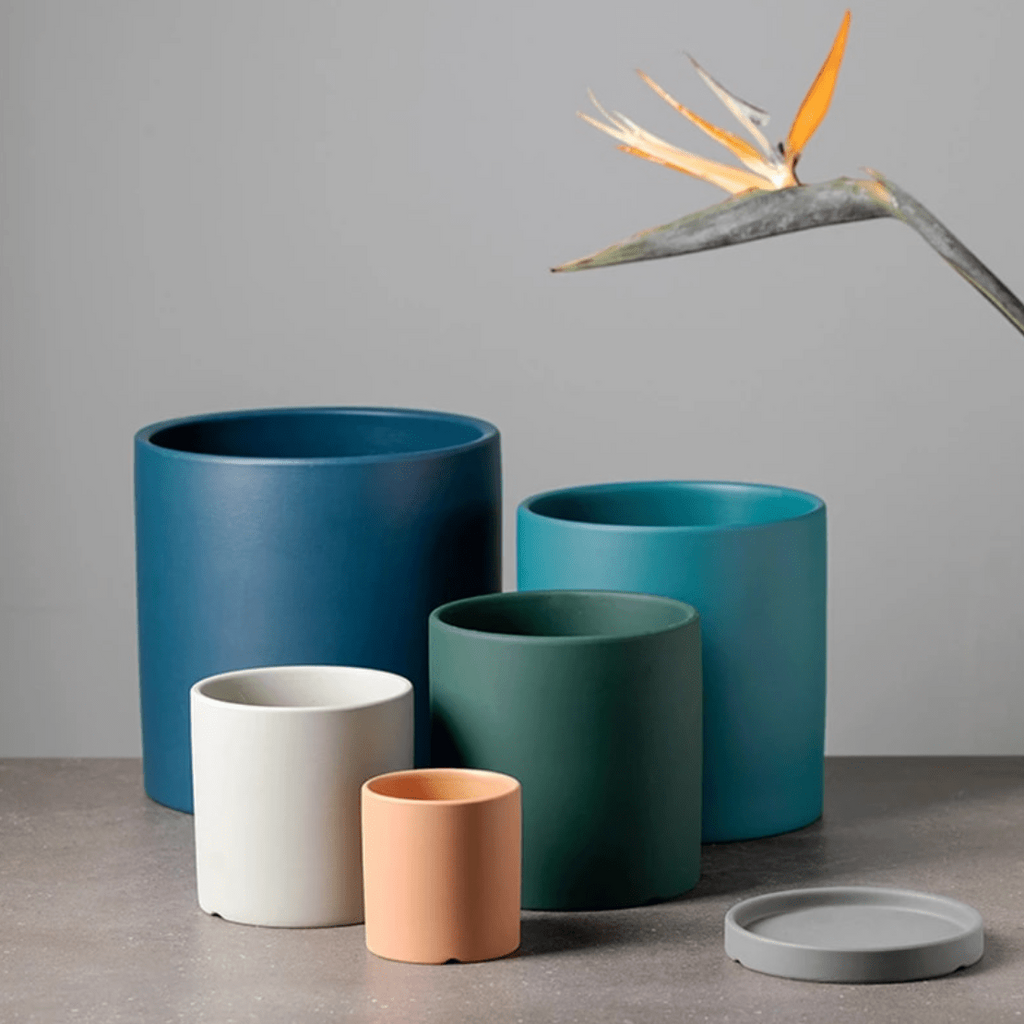 Vaso per piante in ceramica smaltata opaca con foro di drenaggio e sottovaso