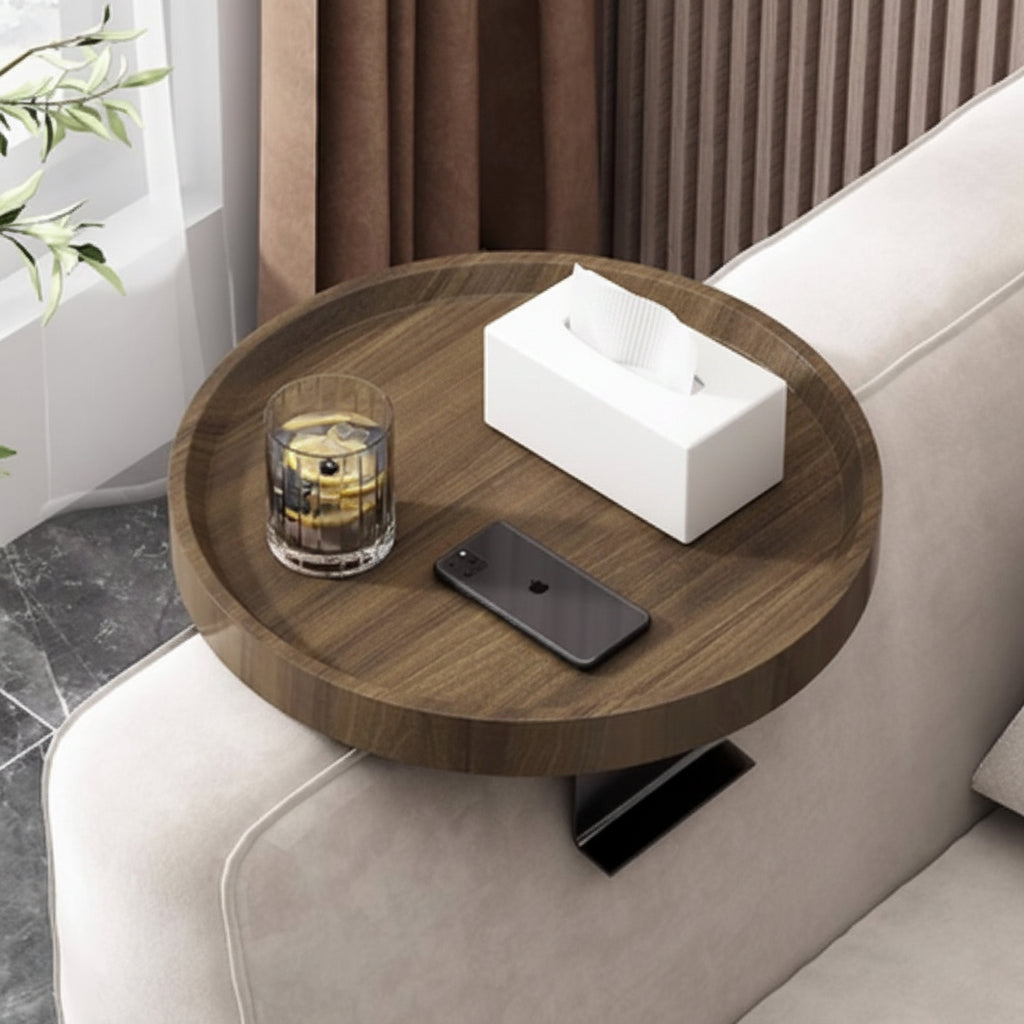 Vassoio per bracciolo divano | Legno massello e clip regolabile | Diametro 30 cm