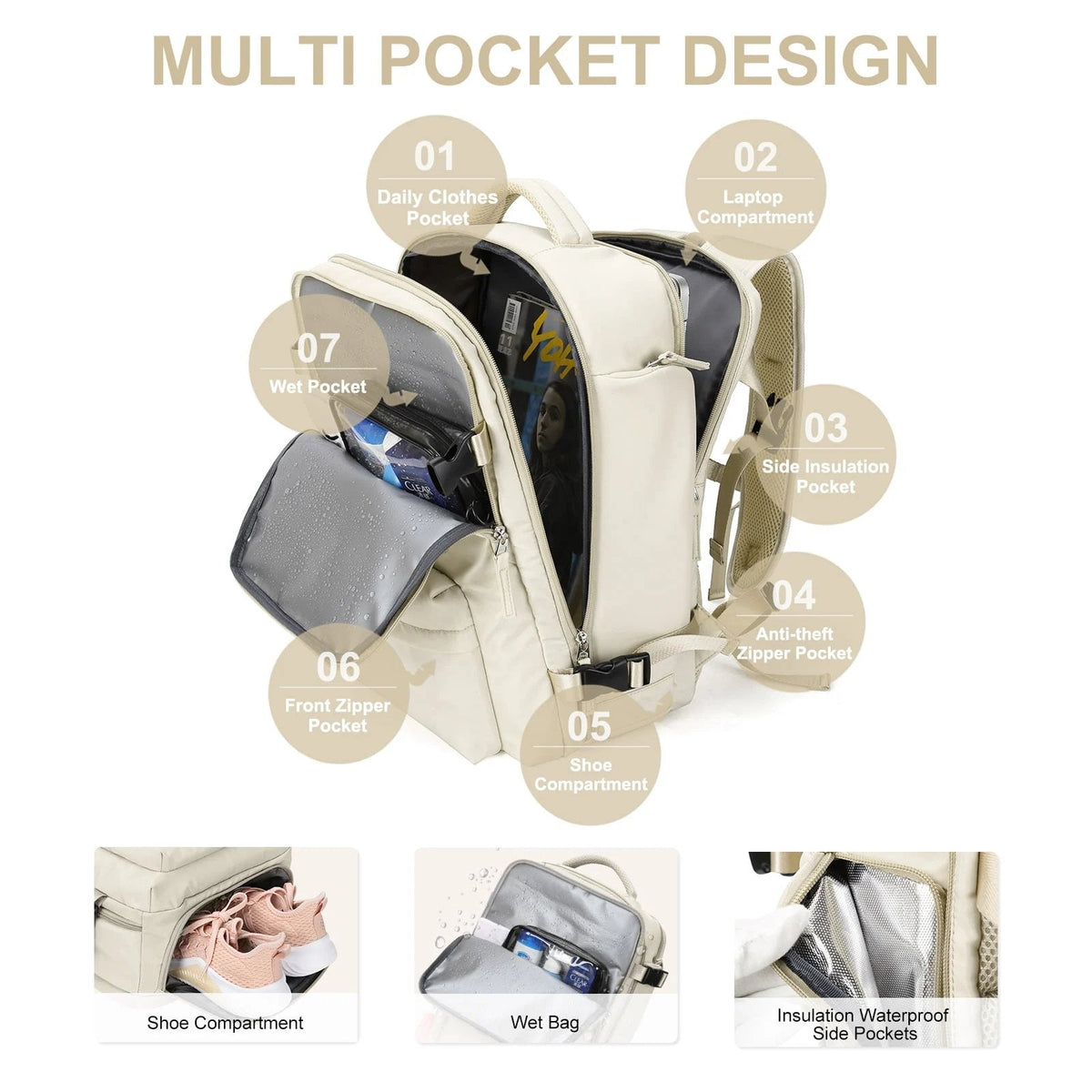 Zaino da viaggio donna Travelliva 35 L impermeabile con porta USB