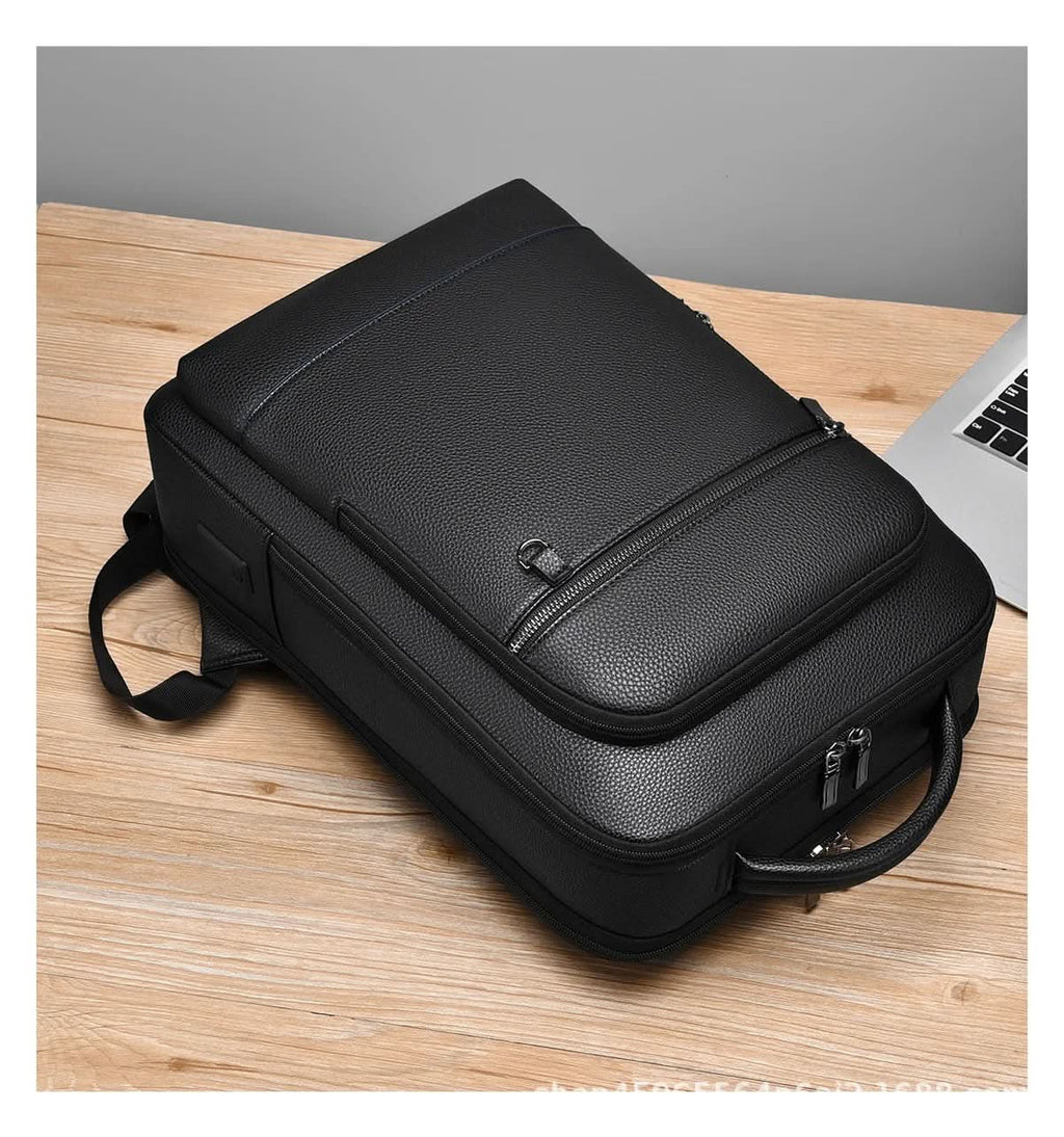 Zaino elegante in pelle con porta USB per laptop e uso quotidiano, 40 cm, nero
