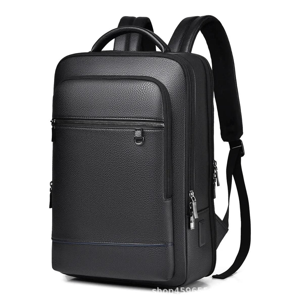 Zaino elegante in pelle con porta USB per laptop e uso quotidiano, 40 cm, nero