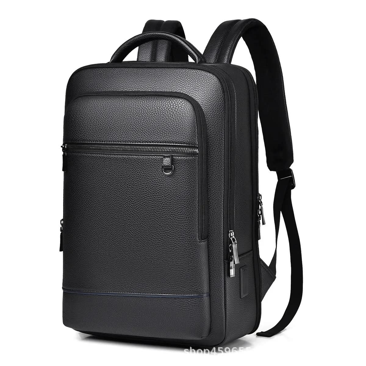 Zaino elegante in pelle con porta USB per laptop e uso quotidiano, 40 cm, nero