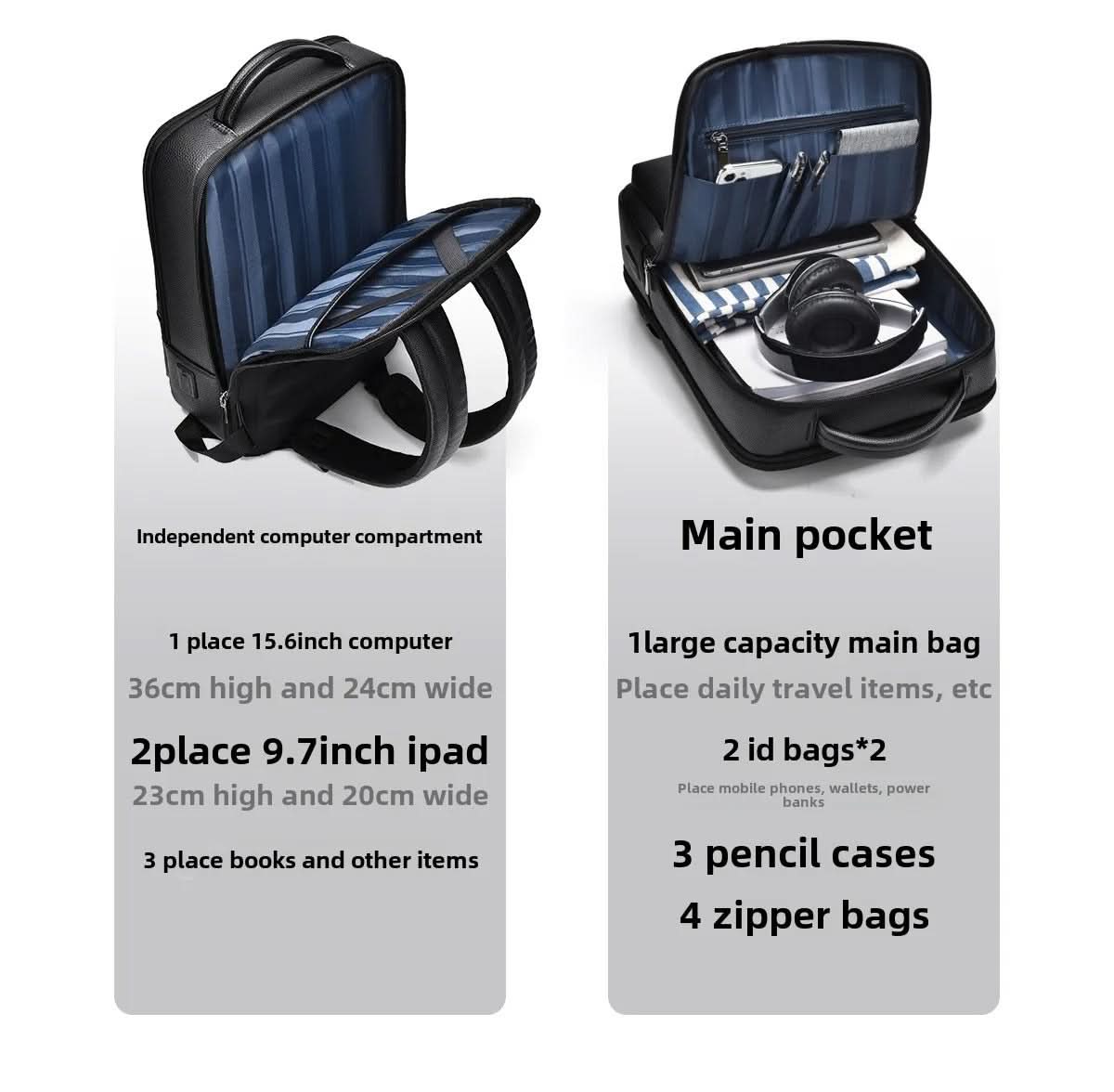 Zaino elegante in pelle con porta USB per laptop e uso quotidiano, 40 cm, nero