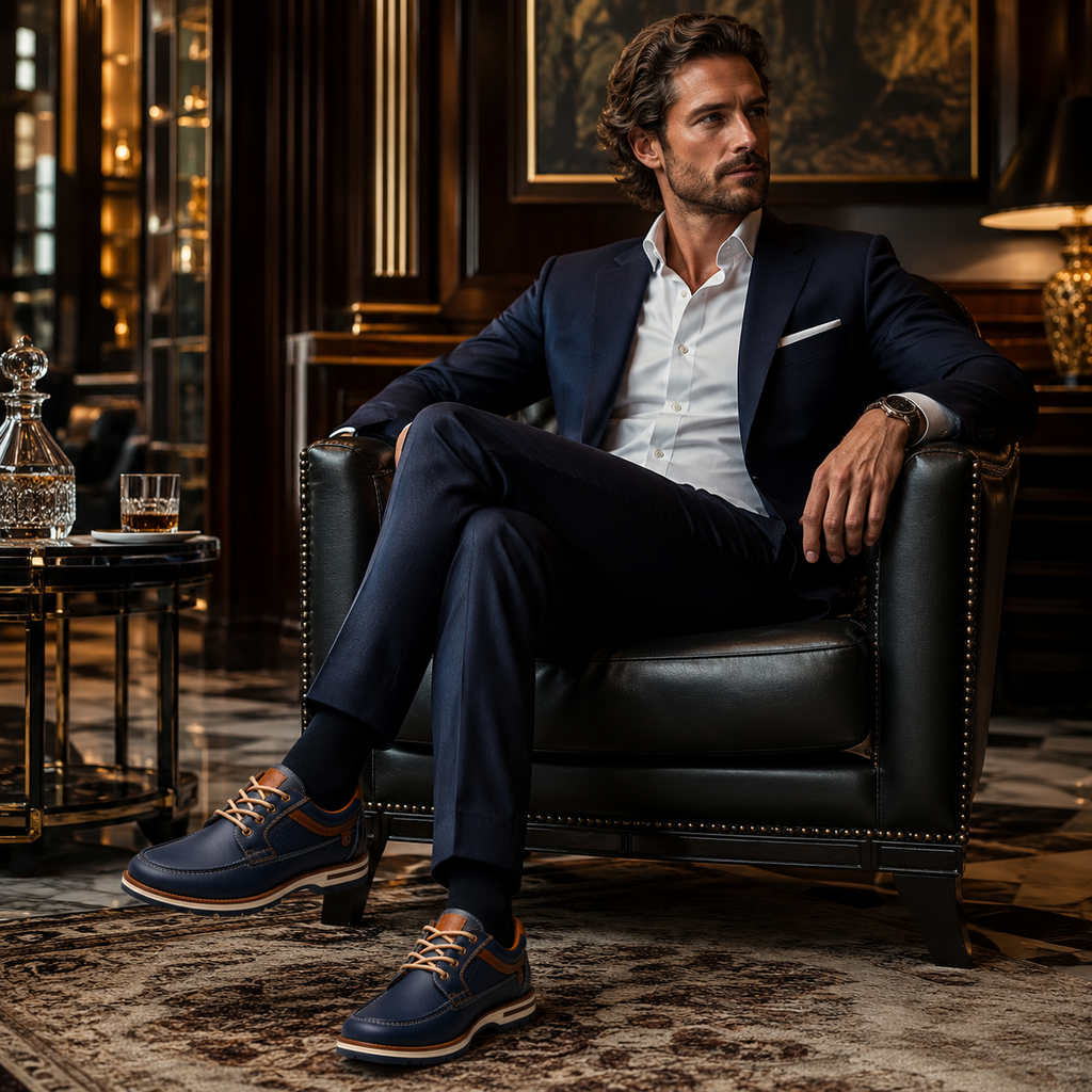 Scarpe Casual Eleganti Uomo Blu Navy con Dettagli Cognac e Suola Comfort Premium