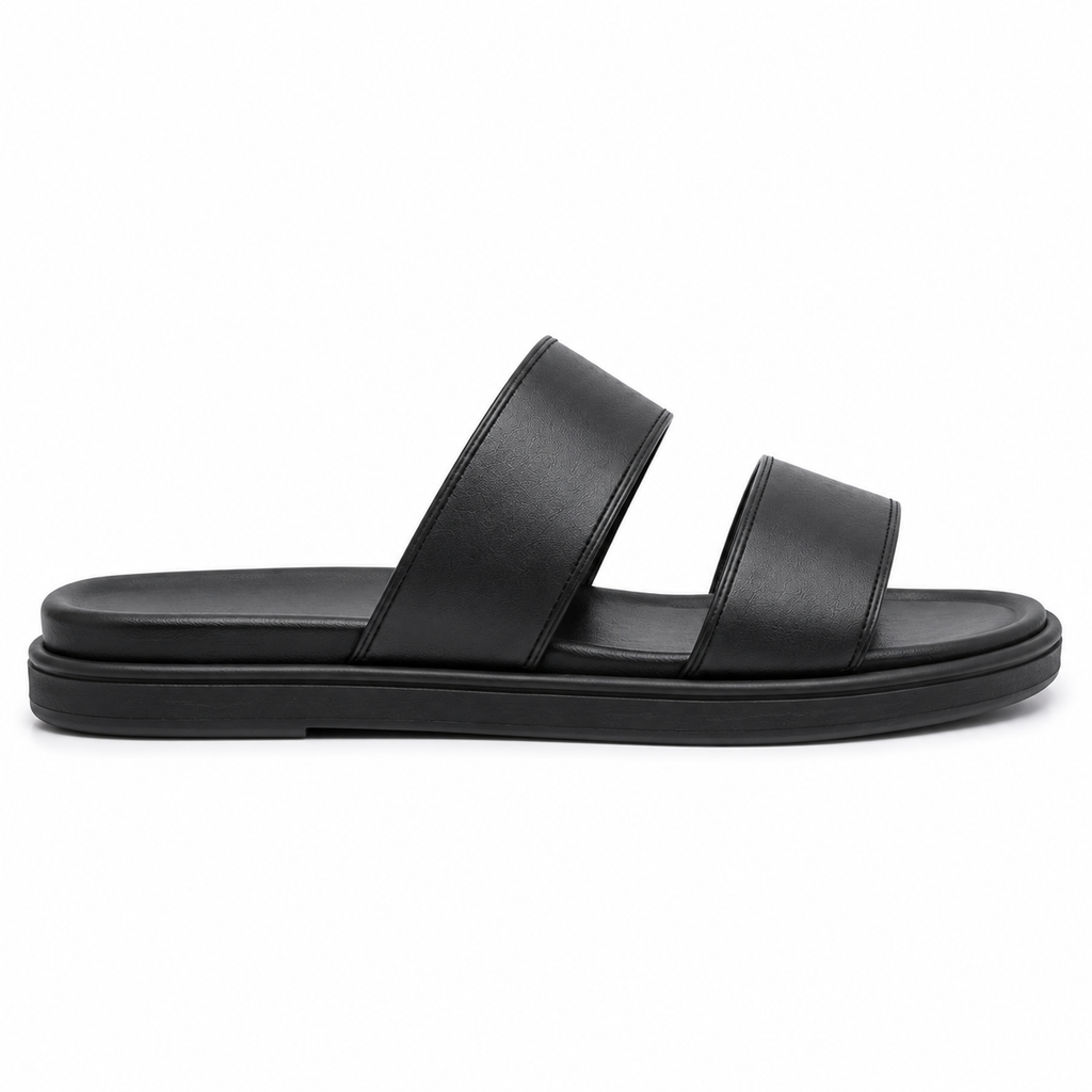 Sandali in pelle nera con design minimalista.