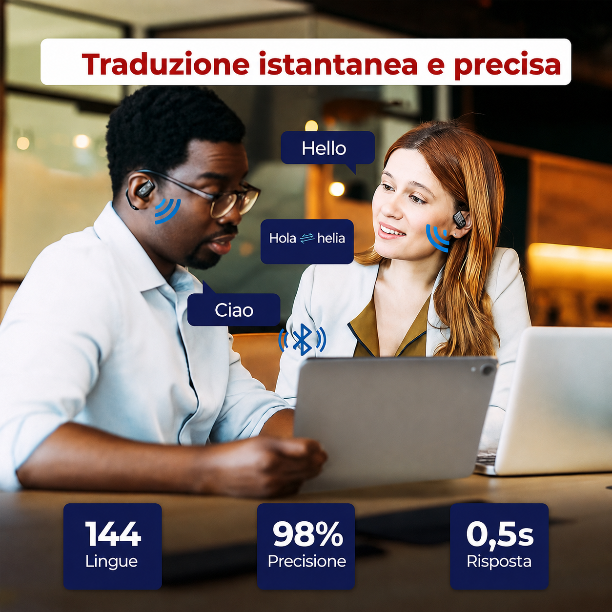 Dimensioni compatte degli auricolari traduttori e custodia di ricarica
