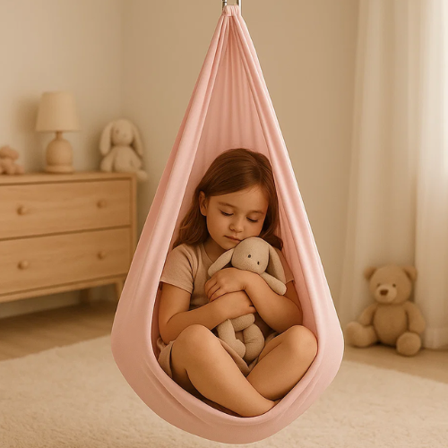 Famiglia che installa l'altalena sensoriale in casa, creando uno spazio adattato alle esigenze del bambino