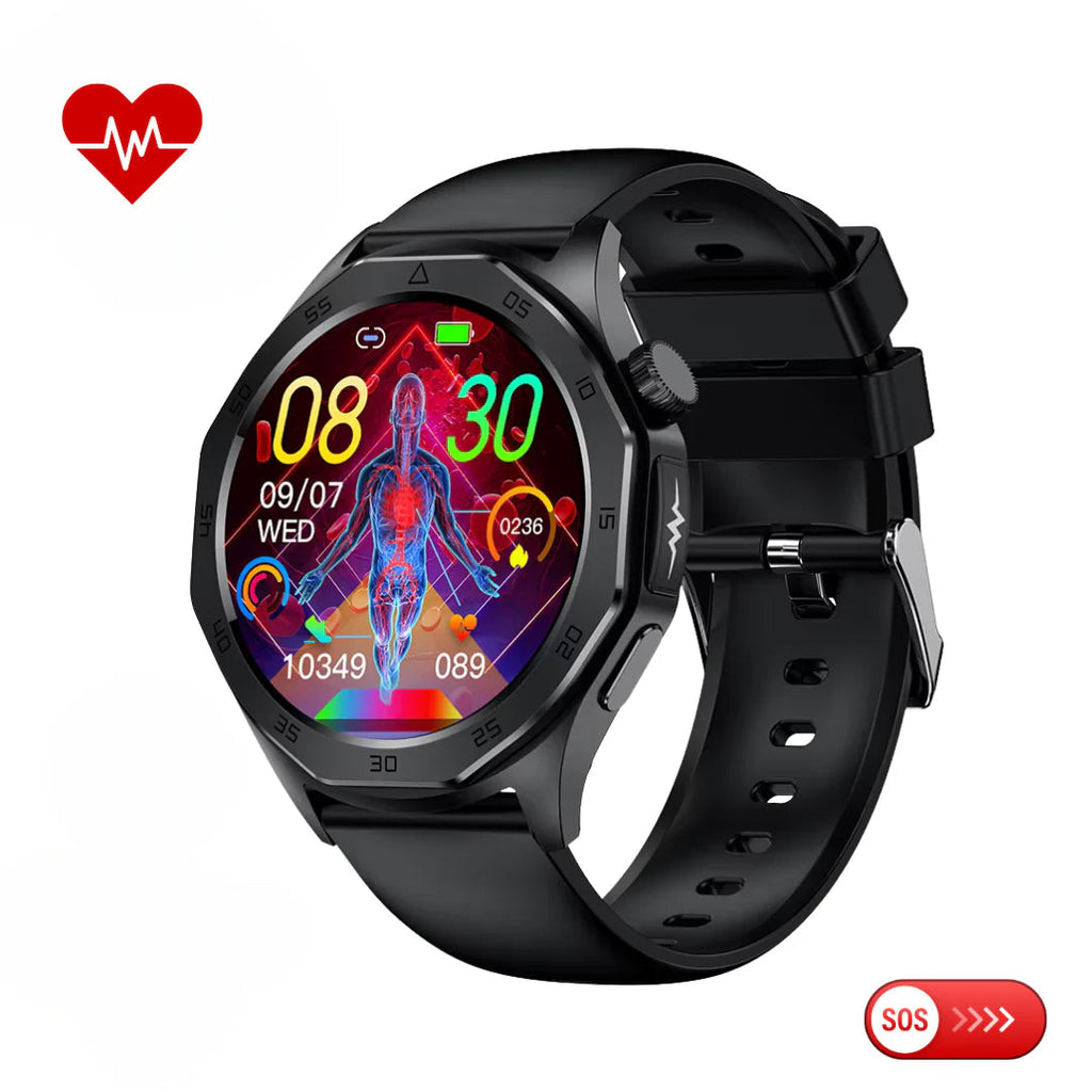 Smartwatch Safety CarePro al polso con display AMOLED che mostra le funzioni di monitoraggio salute e rilevamento cadute