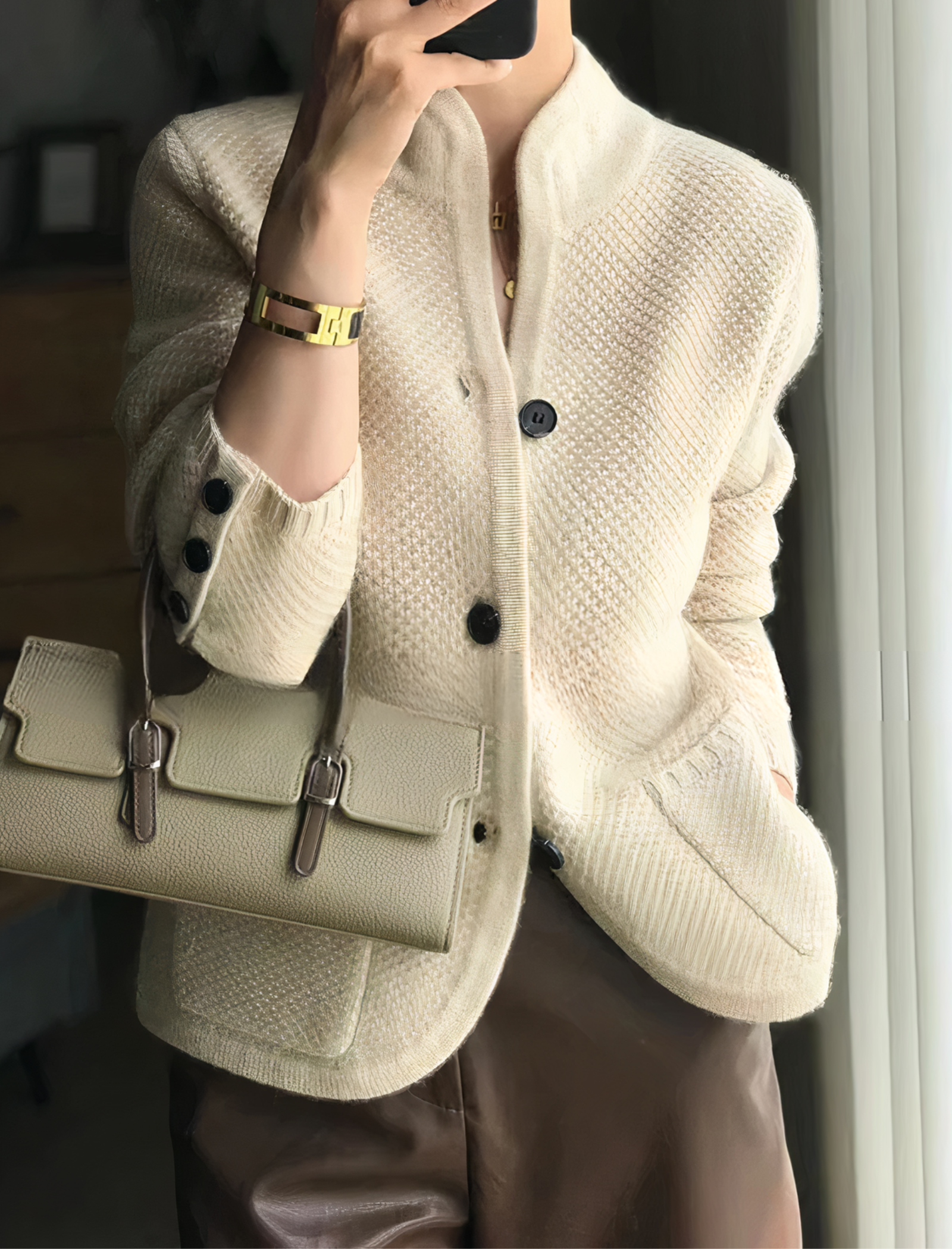 Cardigan in cashmere da donna con bottoni color beige, design elegante e classico
