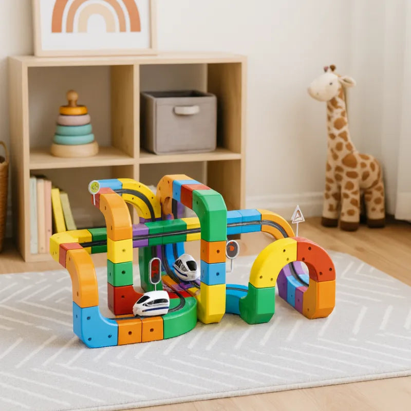 Circuito treno 3D educativo con cubi colorati e binari assemblati per il gioco dei bambini