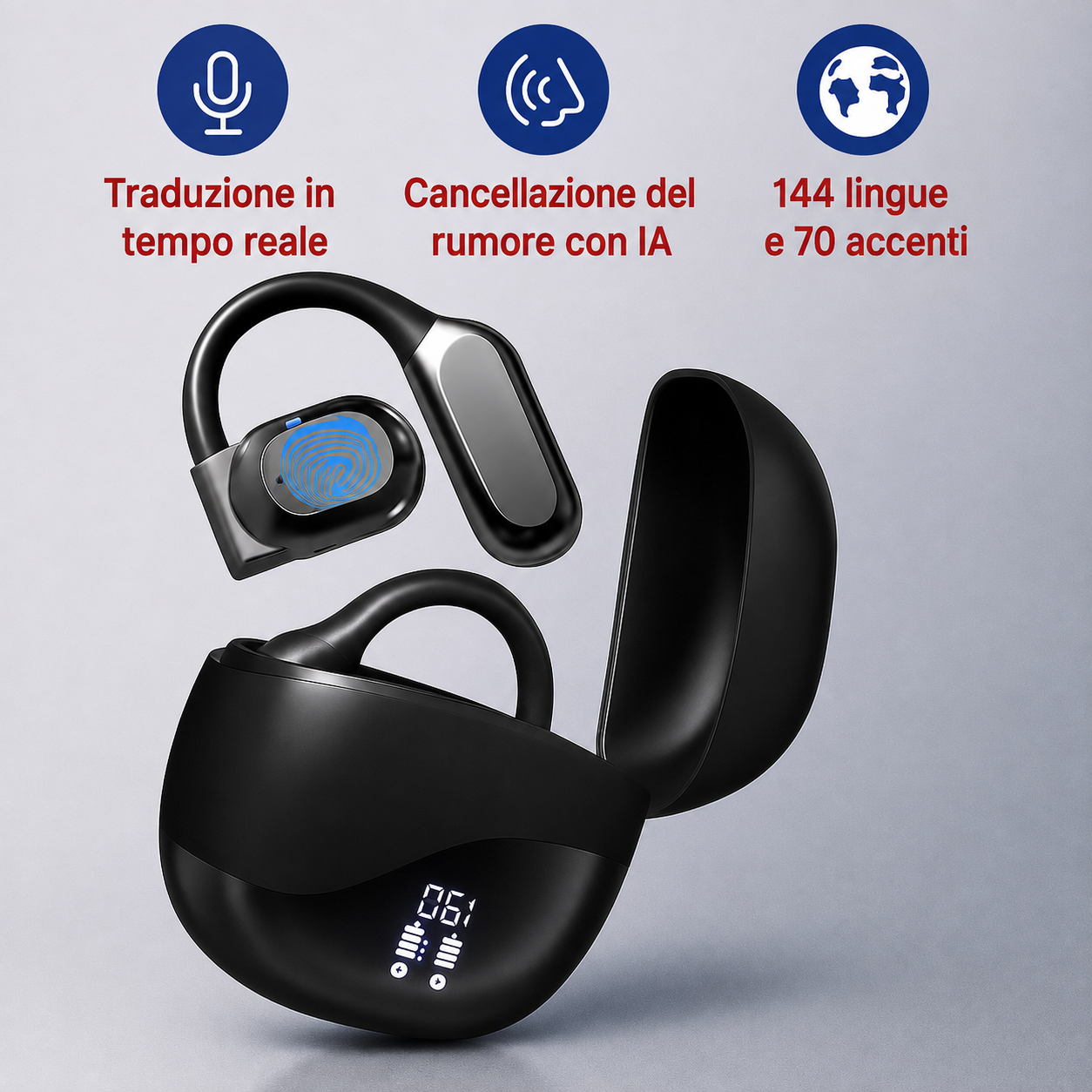 Auricolari di traduzione intelligente FALIVELLI con custodia di ricarica LED