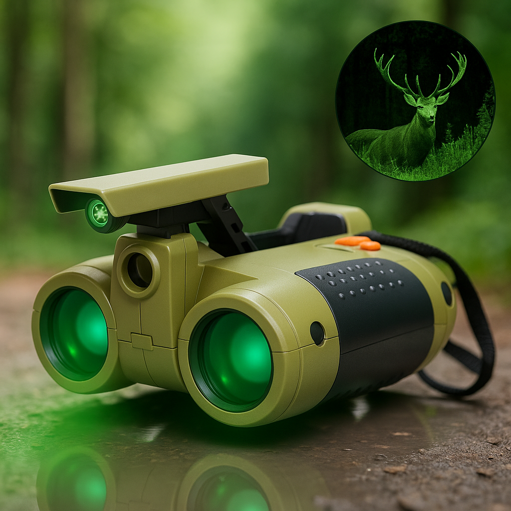 Binocolo Esploratore con visione notturna per bambini mostrato da vicino con dettagli delle lenti e della struttura