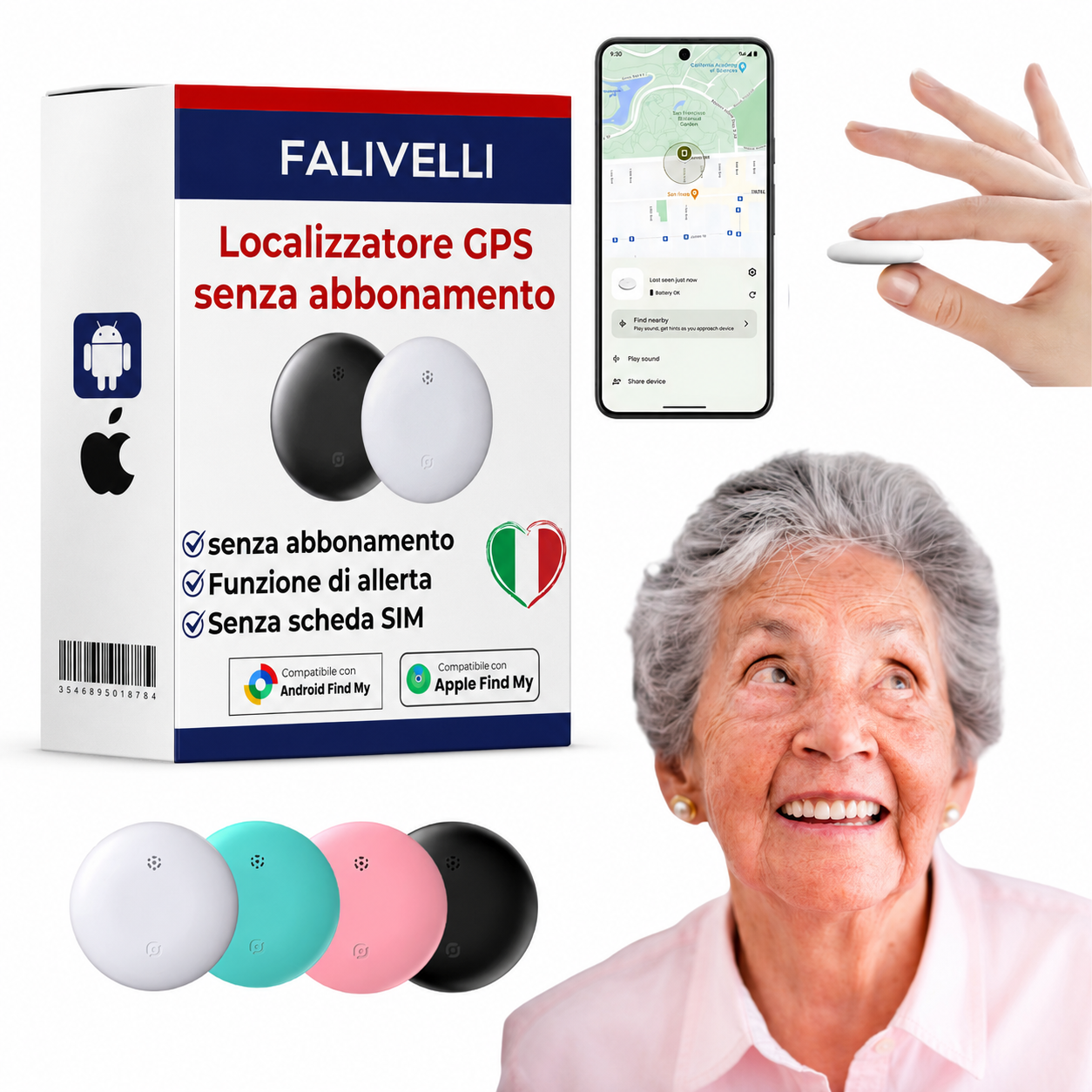Tracker GPS per anziani senza canone mostrato accanto a uno smartphone con mappa di localizzazione attiva