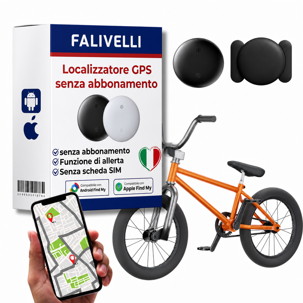Tracker GPS per bicicletta senza abbonamento compatibile con Apple e Google, design compatto bianco e nero
