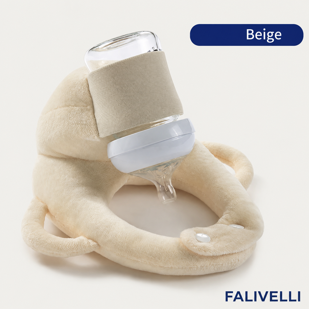 Cuscino porta-biberon mani libere per neonati FALIVELLI, vista frontale con bebè