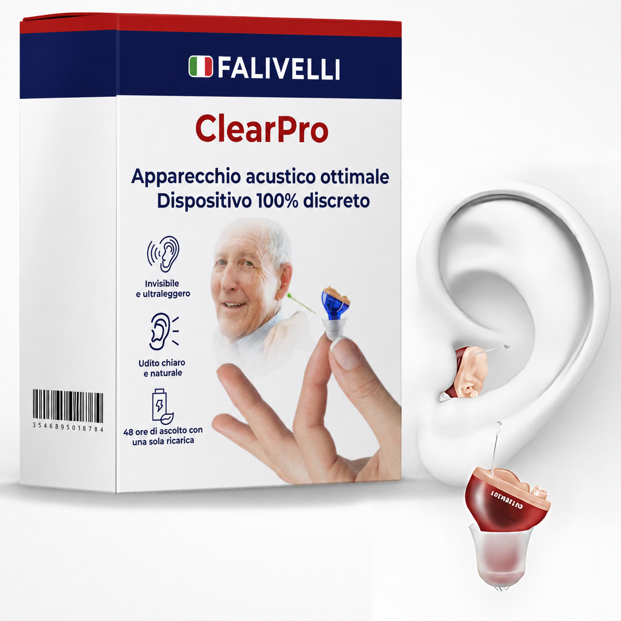Amplificatore uditivo discreto ClearPro con custodia di ricarica e accessori inclusi