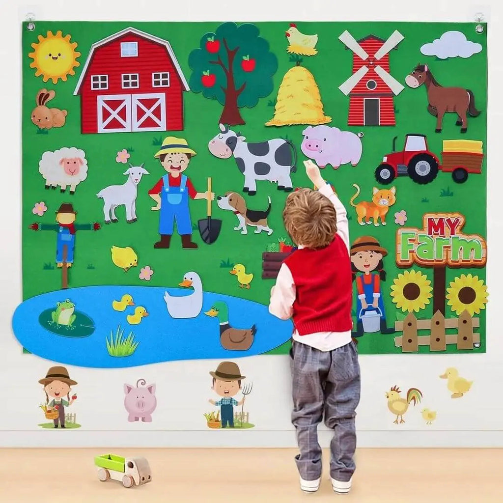 Pannello in feltro Montessori StoryFelt Fattoria con elementi colorati riposizionabili per bambini