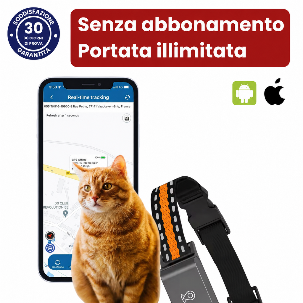 Localizzatore GPS per animali domestici con cinturino regolabile e display LED