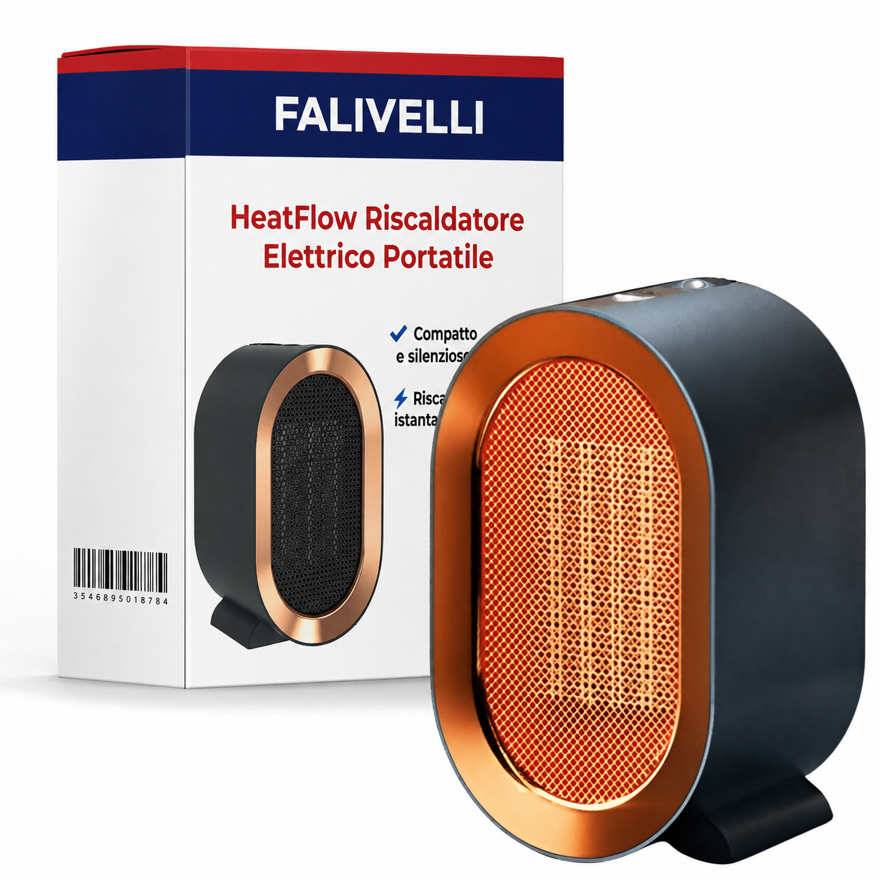 Termoventilatore ceramico HeatFlow con design verde smeraldo e dettagli ramati su superficie neutra