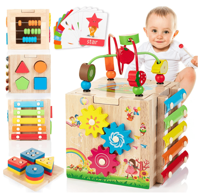 Cubo di apprendimento Montessori MINDBLOX in legno con attività educative multiple per bambini piccoli