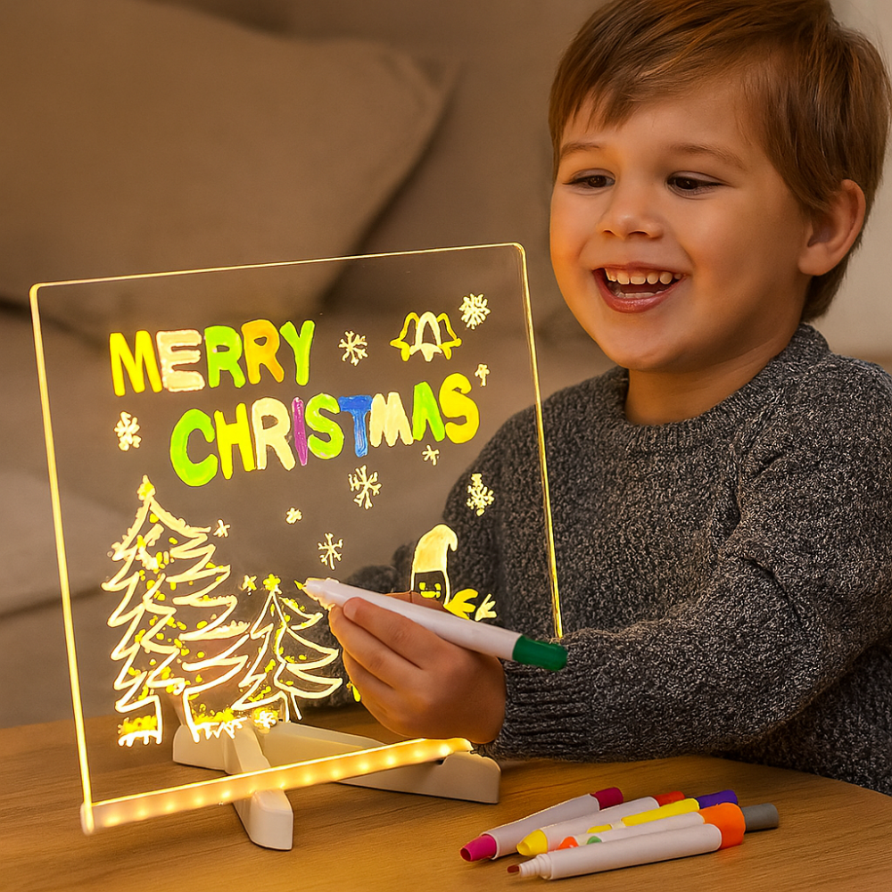 Tavolo da disegno LED GlowCraft per bambini con superficie luminosa e pennarelli cancellabili