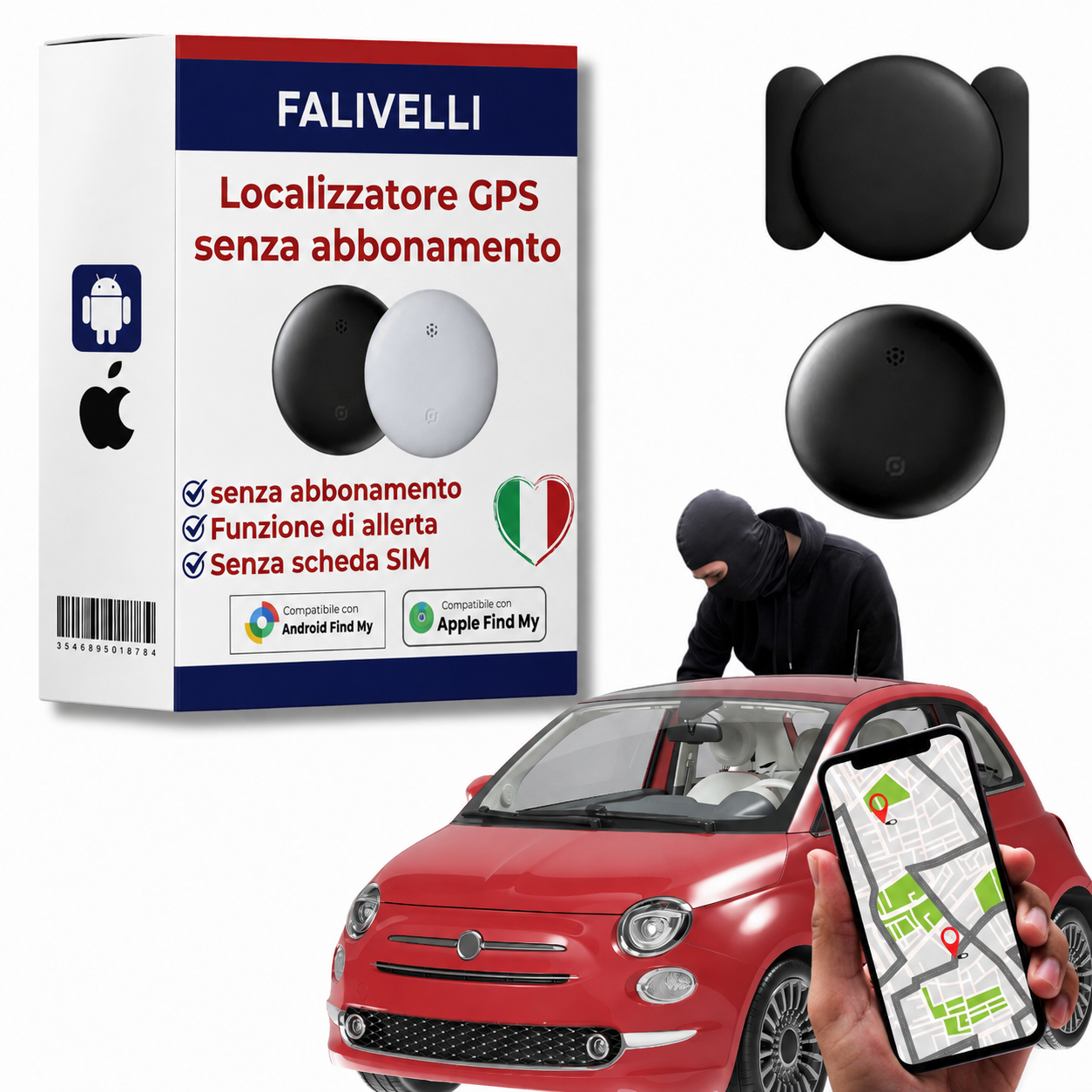 Tracker GPS per auto senza abbonamento FALIVELLI, compatibile con Apple Dov'è e Android Trova Dispositivo