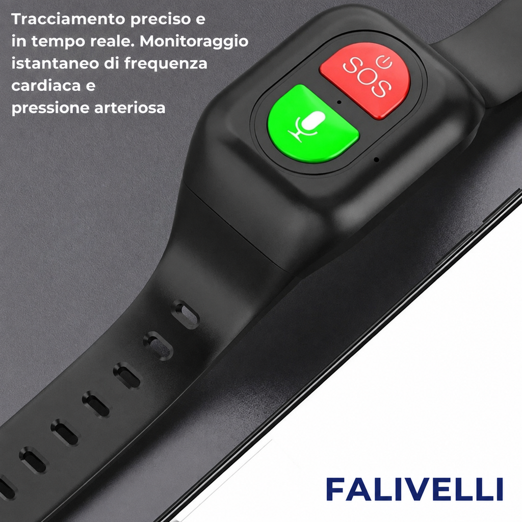 Smartwatch GPS 4G per anziani indossato al polso, mostra interfaccia semplice e intuitiva