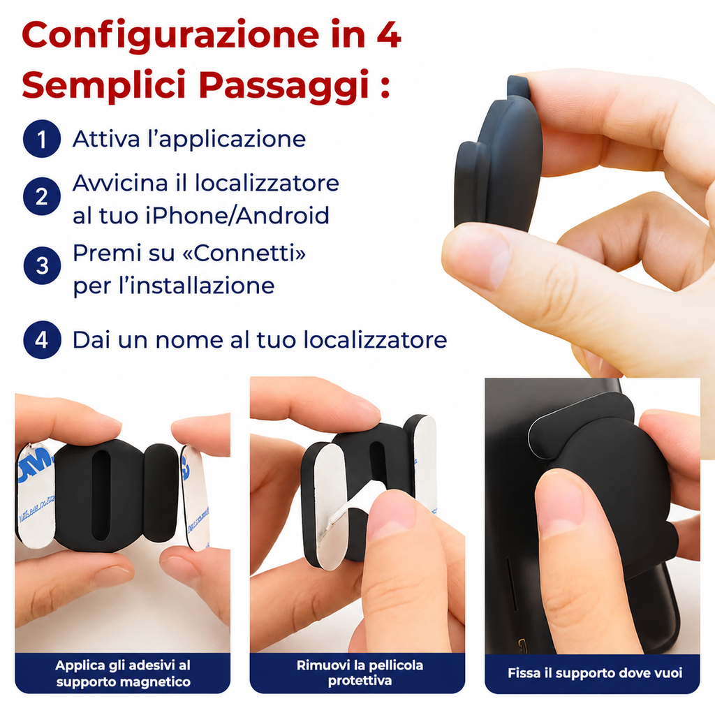 Localizzatore GPS per bici mostrato con smartphone che visualizza l'app Dov'è e Trova il mio dispositivo