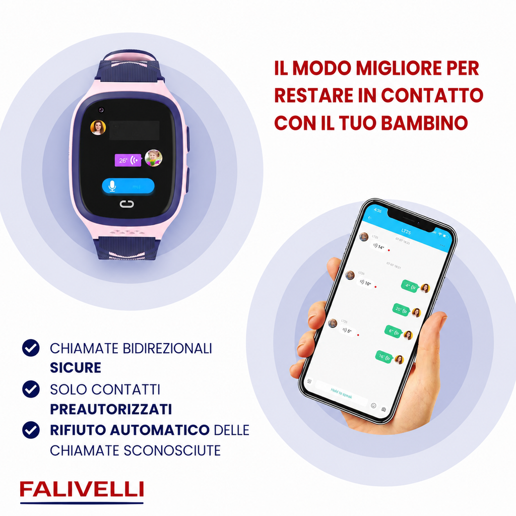 Bambino che indossa lo smartwatch GPS FALIVELLI con funzione chiamate e messaggi sicuri